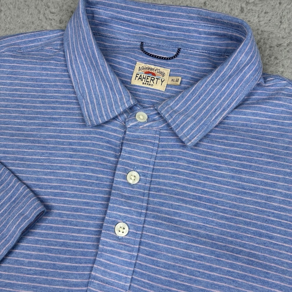Faherty Polo Shirt Men's XL Blue Pink Striped Stretch Soft Knit Casual Golf